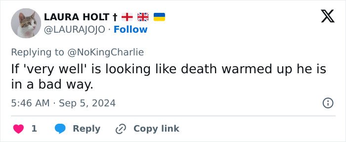 Tweet expressing concern over King Charles and possible royal crisis.