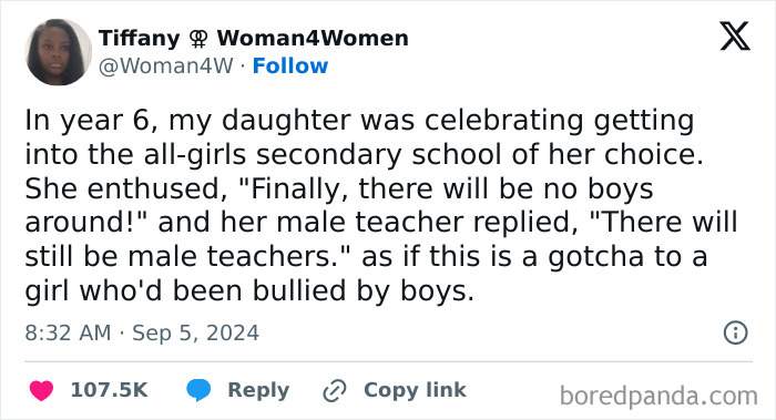 Tweet describing a bad teacher's response to a girl happy about attending an all-girls school.