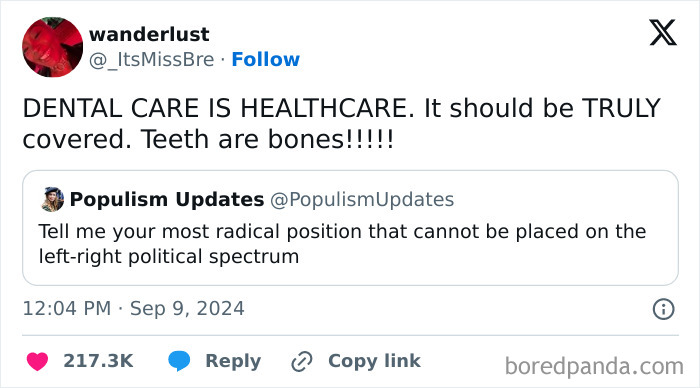 Tweet meme emphasizing dental care is healthcare, highlighting humorous male mind perspective.