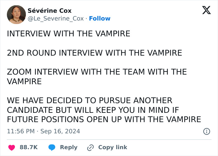 Tweet about multiple job interviews with a "vampire" company; highlights recruiting hell experience.