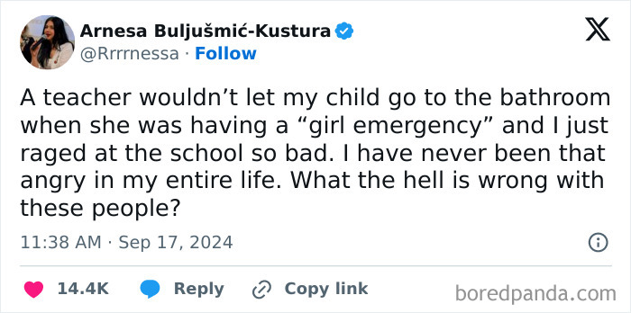 Tweet about a frustrating experience with a teacher denying restroom access.
