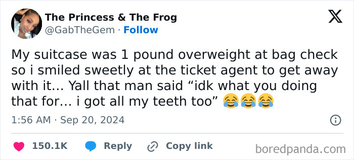 Funny tweet about an overweight suitcase and a comical response, highlighting Black culture humor and wit.