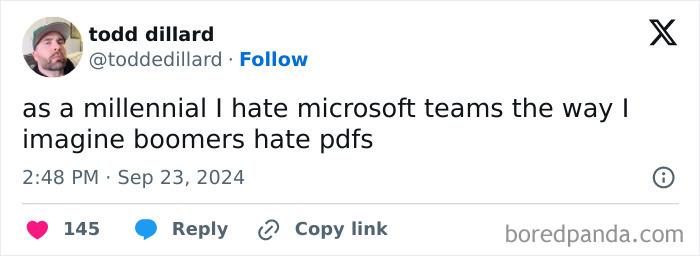 Millennial's humorous complaint comparing Microsoft Teams to PDFs, expressing generational tech frustrations.