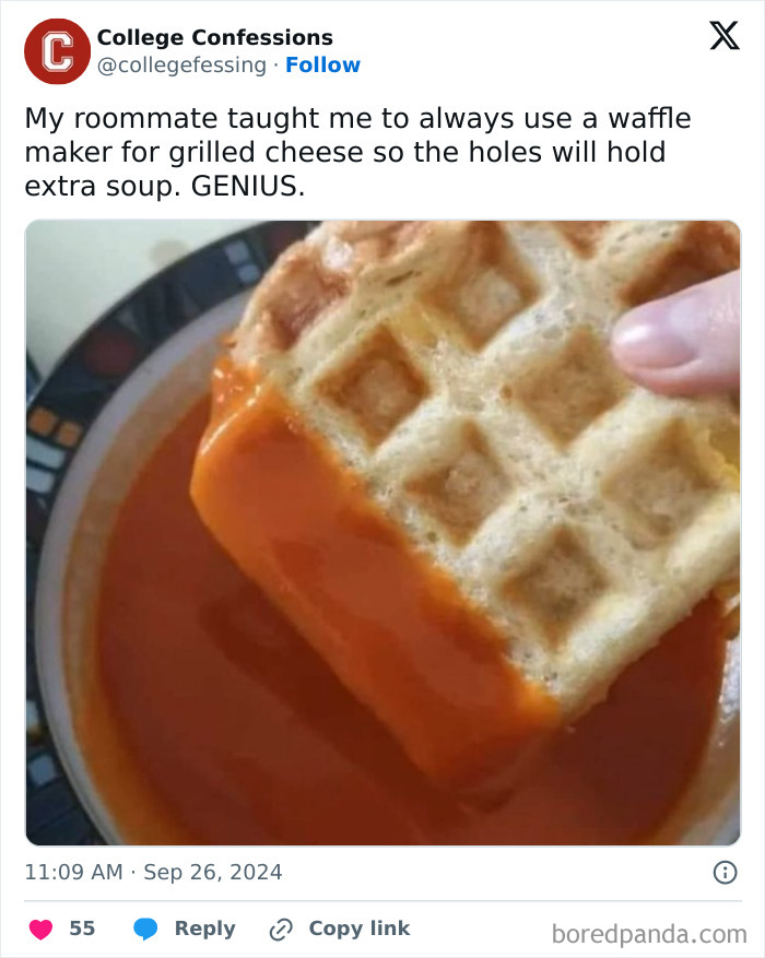 Creative men's humor meme using a waffle maker for grilled cheese, holding extra soup.
