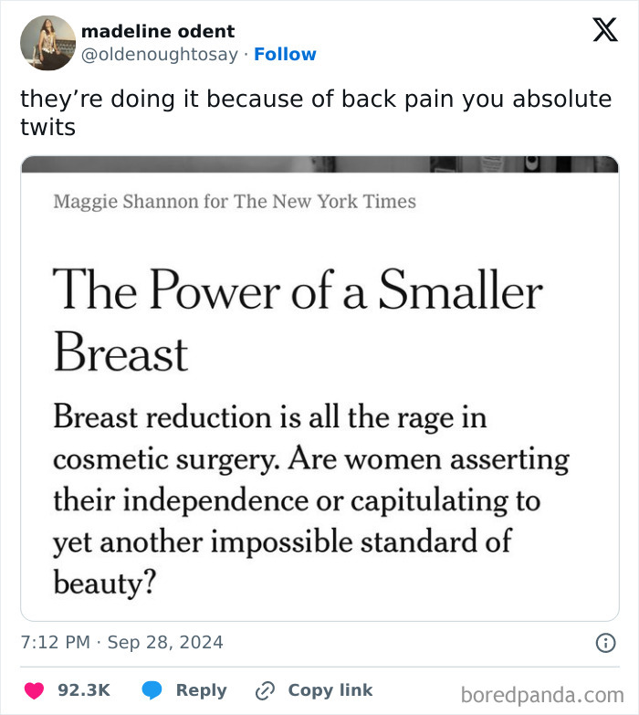 Tweet criticizing a New York Times article about breast reduction surgery and beauty standards with a witty response.