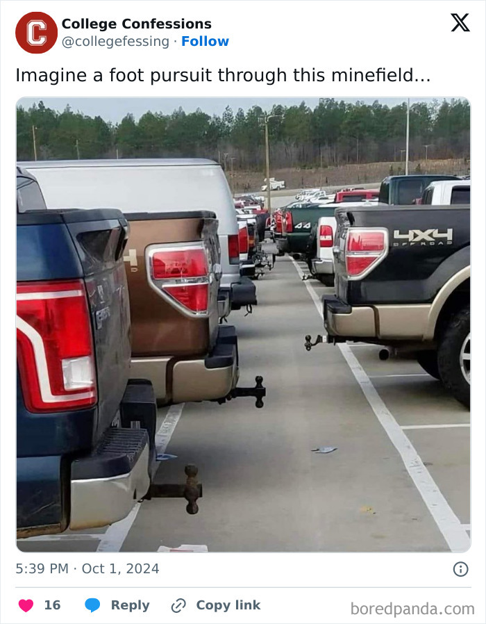 Parking lot filled with trucks, each with a tow hitch, shared by College Confessions on Instagram for funny memes.