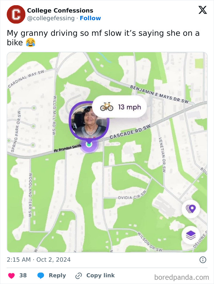 Map with a humorous speed indicator of 13 mph, showing a woman marked as riding a bike.