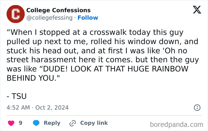 Funny meme from College Confessions on Instagram about an unexpected crosswalk encounter.