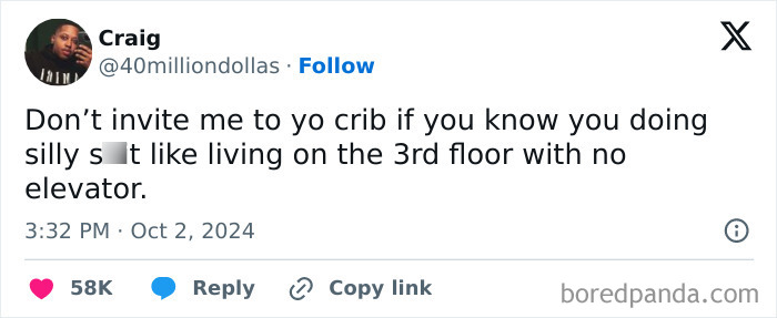 Funny tweet about visiting friends living on high floors without an elevator, celebrating Black culture.