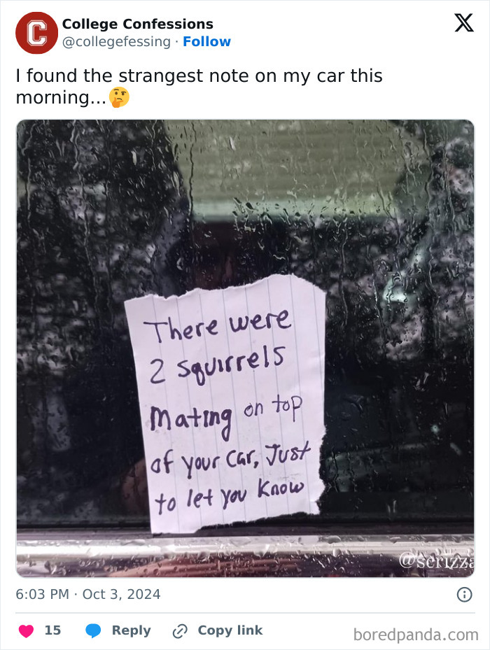 A humorous note on a car window, shared by College Confessions.