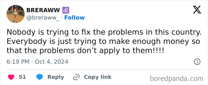 Tweet about capitalism issues in America, highlighting societal focus on personal wealth over fixing problems.