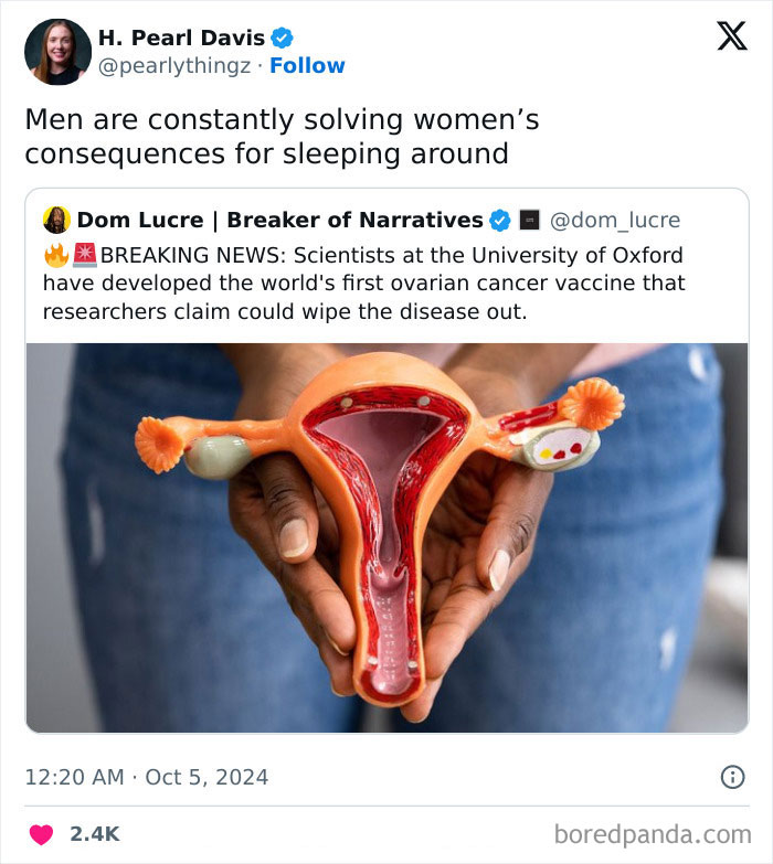 A comment is met with a scientific breakthrough news image about an ovarian cancer vaccine.