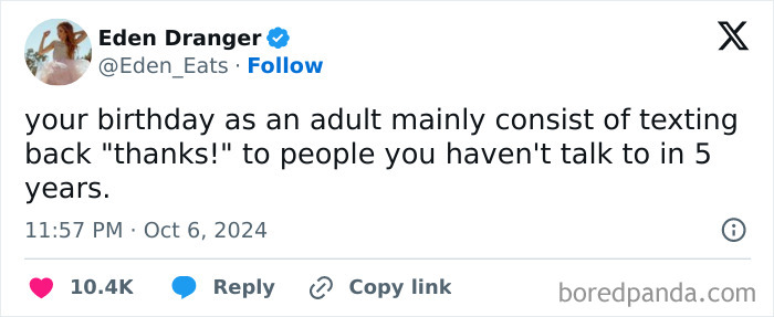 Tweet humorously depicting adulthood through birthday interactions.