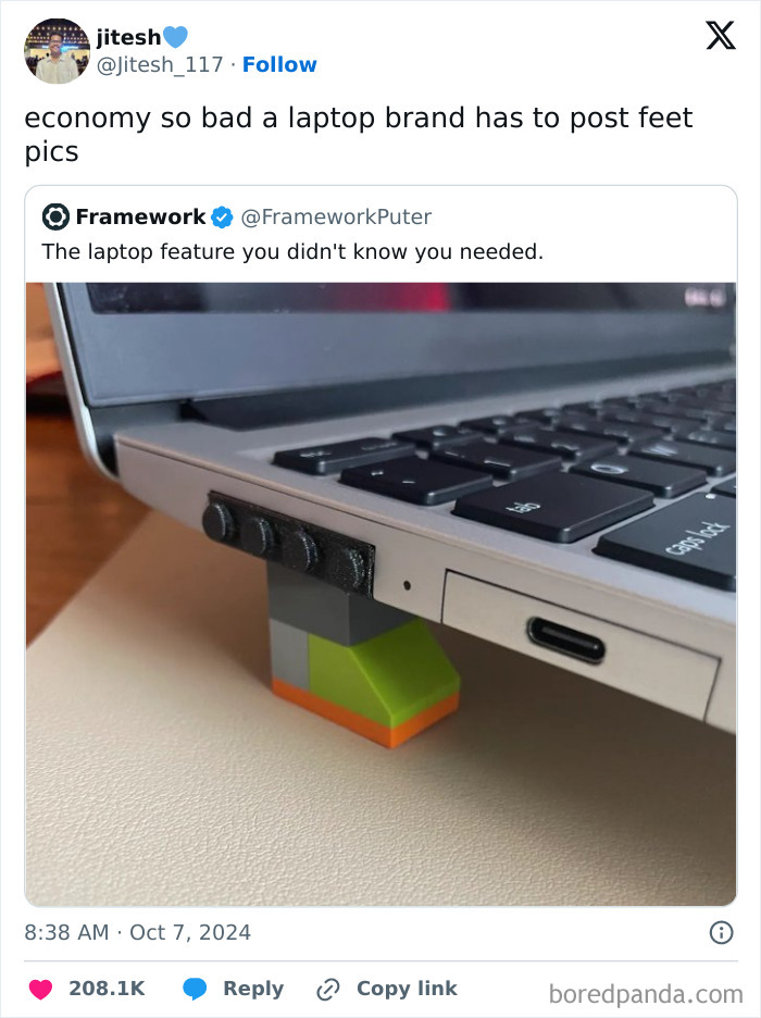 Funny meme showing a laptop supported by a small toy foot, highlighting college confessions humor.