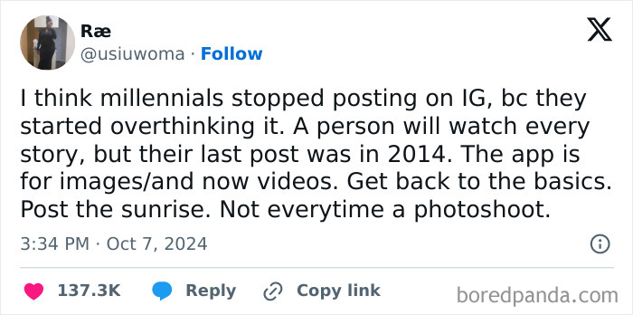 Tweet screenshot discussing Honest Millennial Complaints about Instagram overthinking and posting frequency.