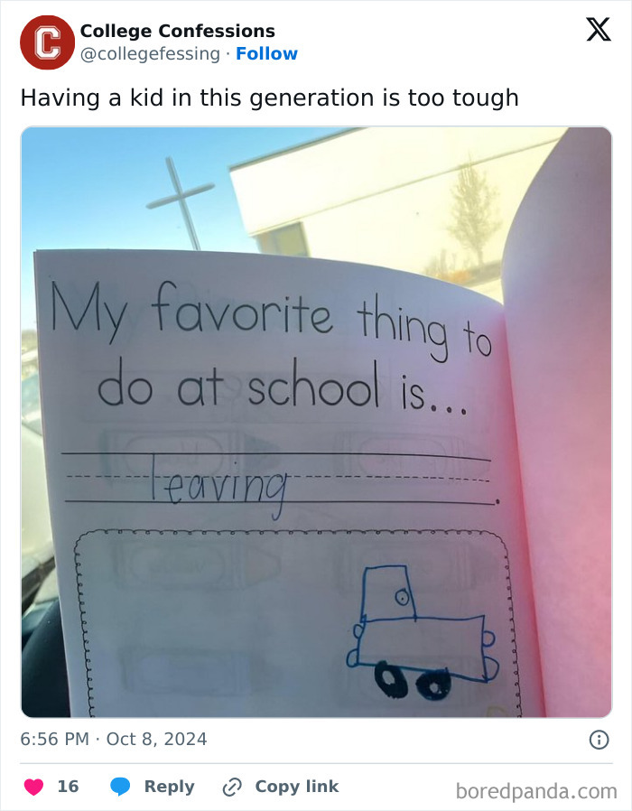 Child's humorous school confession in a book, illustrated with a simple car drawing.