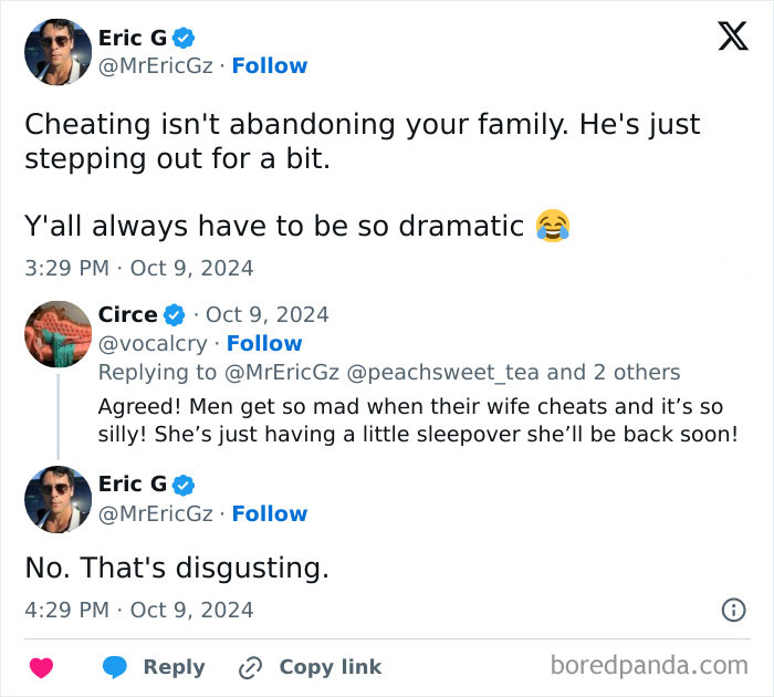 Twitter conversation showcasing a clueless misogynist's opinion on cheating, receiving quick backlash.