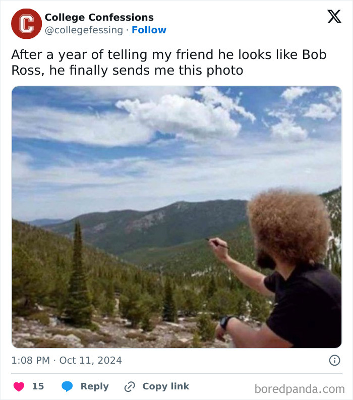 Person resembling painter outdoors in a humorous Instagram meme by College Confessions.