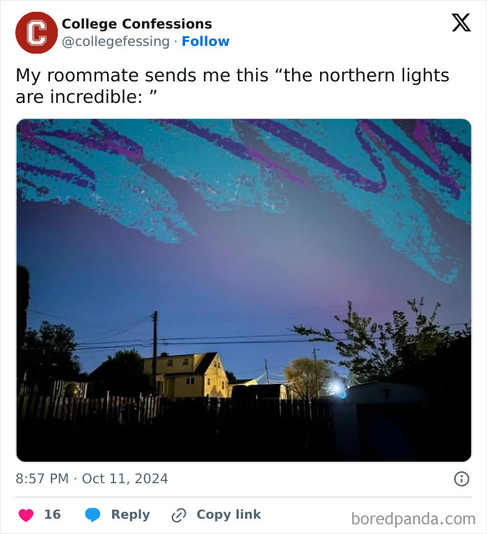 Funny meme from College Confessions, showing a sky with colorful clouds mistaken for northern lights above houses.