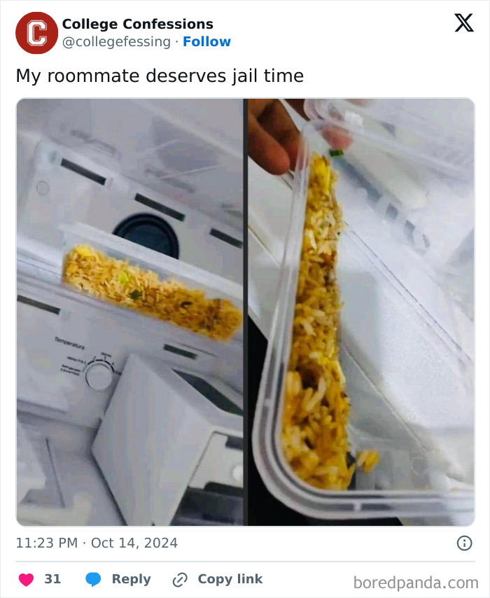 College Confessions meme showing a freezer compartment filled with rice.