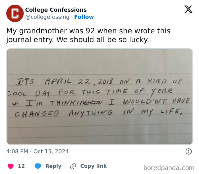 Elderly journal entry reads, "I wouldn't have changed anything in my life," highlighting wisdom and grateful reflection.
