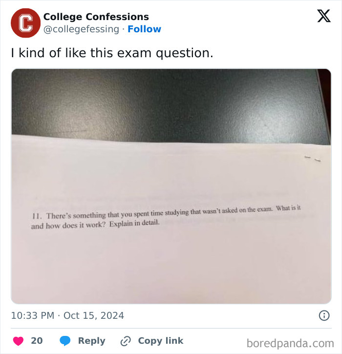 Exam page with a unique question about studying unasked topics, reflecting college confessions humor.