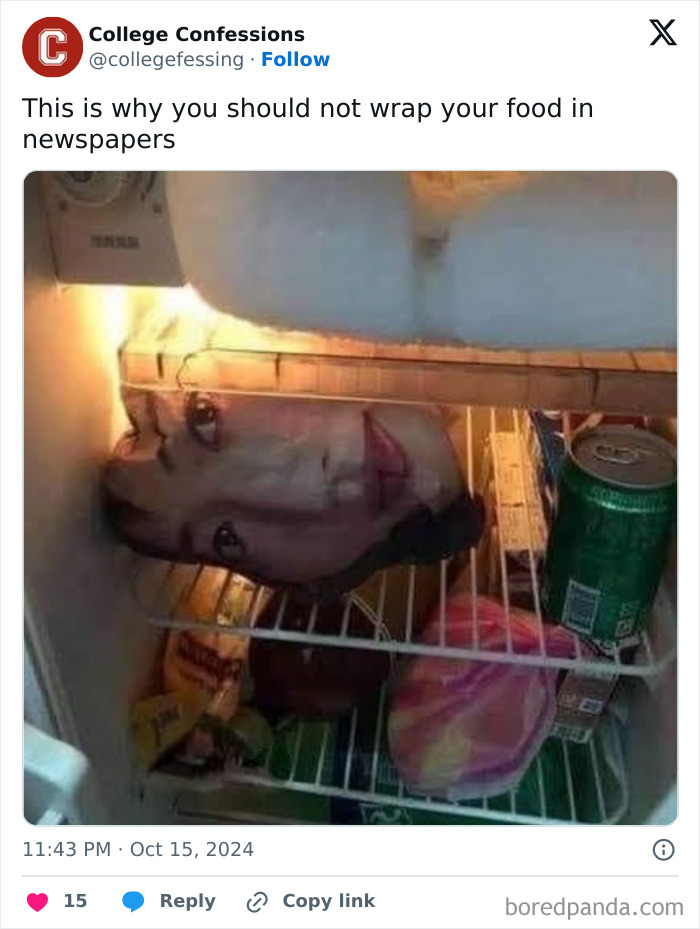 Fridge with food wrapped in newspaper displaying a face, a humorous image shared by College Confessions on Instagram.