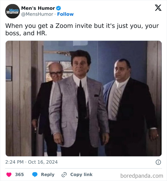 Three men in suits walk through a doorway, capturing men's humor in a meme about Zoom meetings.