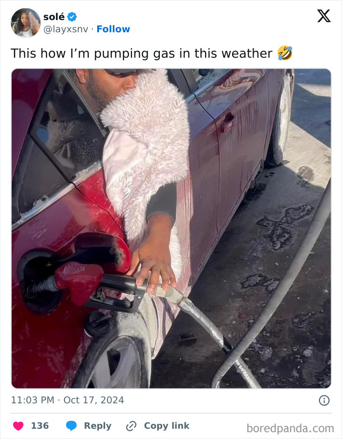 Person pumping gas with a blanket wrapped around them, humorously bracing against the cold. College confessions meme.