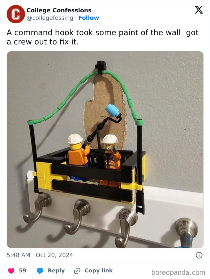LEGO figures in helmets humorously repaint a wall spot, embodying college confessions memes.