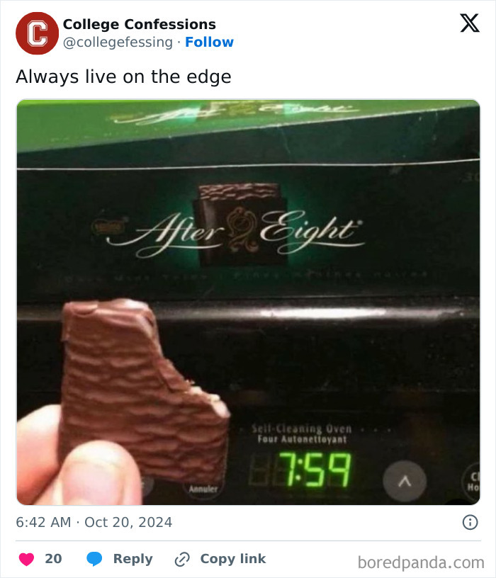 Chocolate with a missing piece held in front of a 7:59 clock, captioned by College Confessions.