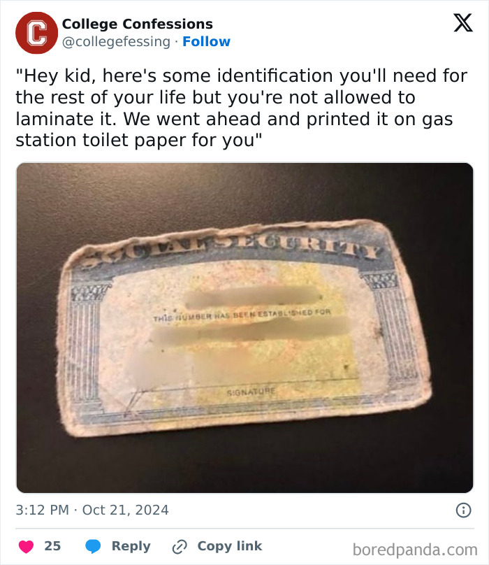 Worn Social Security card meme from "College Confessions" Instagram, humorously comparing it to gas station toilet paper.
