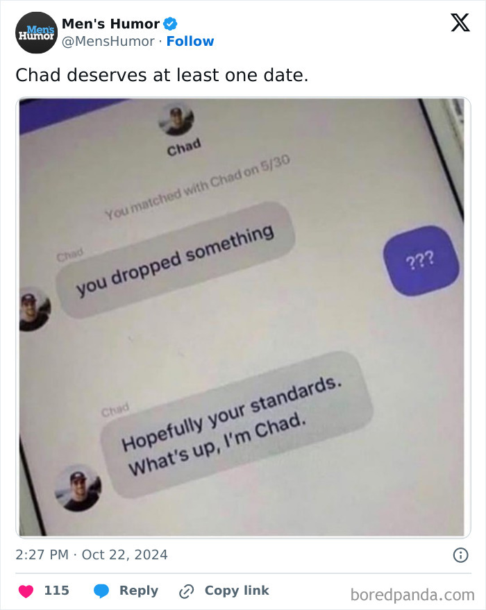 Screenshot of a humorous Tinder exchange included in men's humor memes.