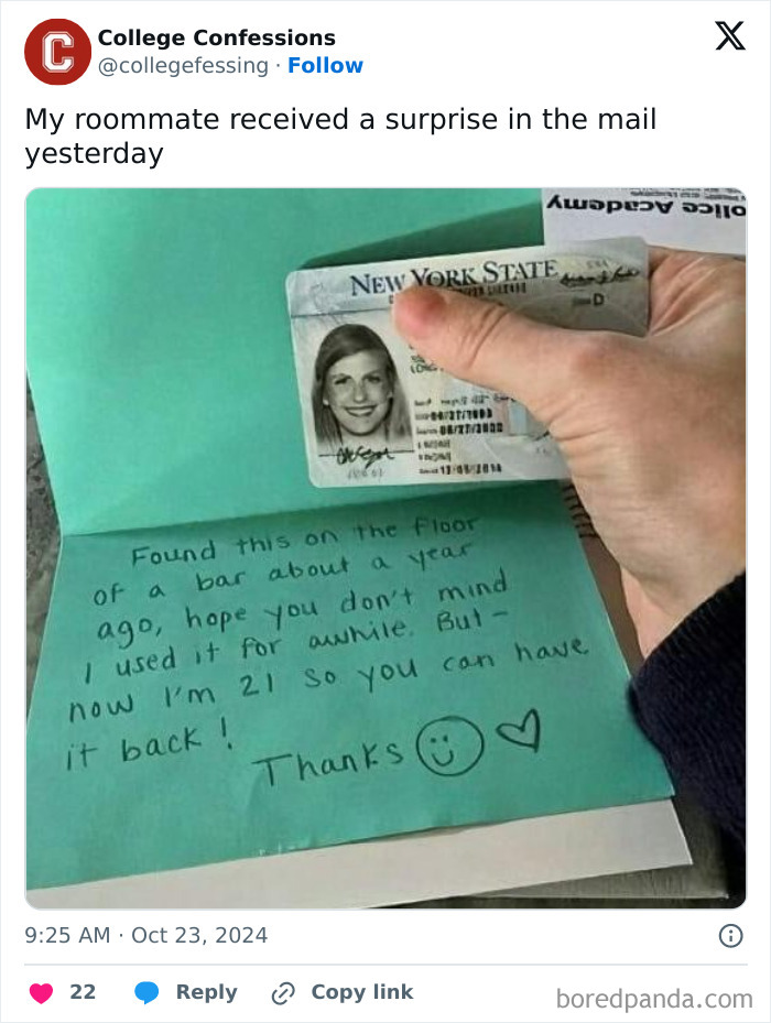A New York State ID and a handwritten note on green paper, illustrating a humorous college confession.