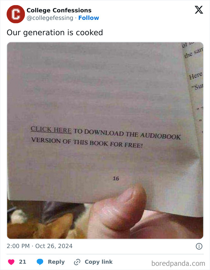 Page with humorous text from "College Confessions" saying "CLICK HERE" to download audiobook for free.