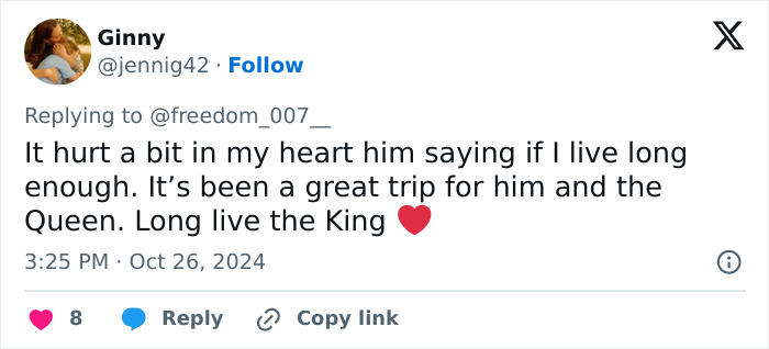 Tweet expressing emotions about King Charles with heart emoji, highlighting royal crisis concerns.