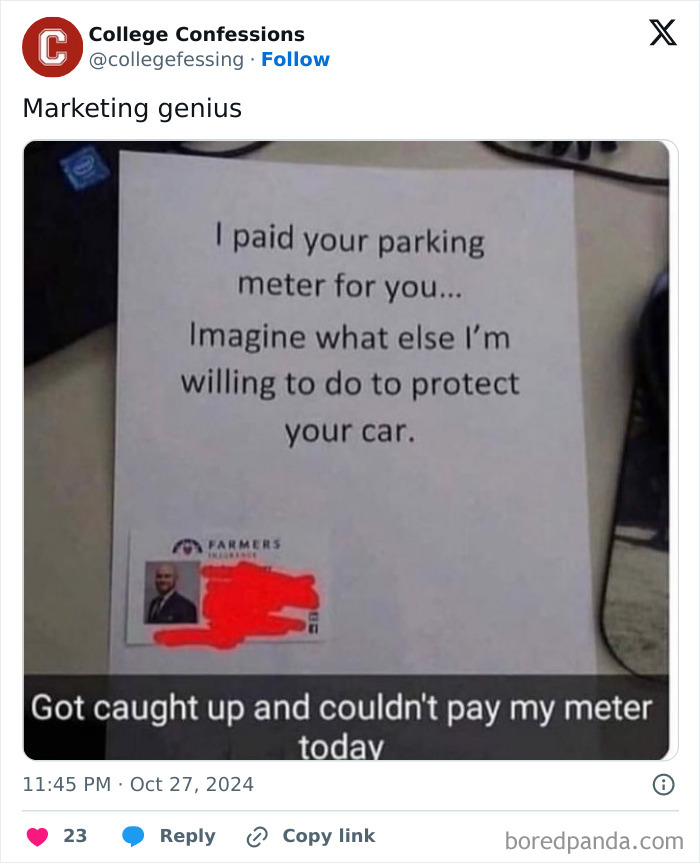 Humorous college confession about a parking note offering to protect a car after paying the meter.