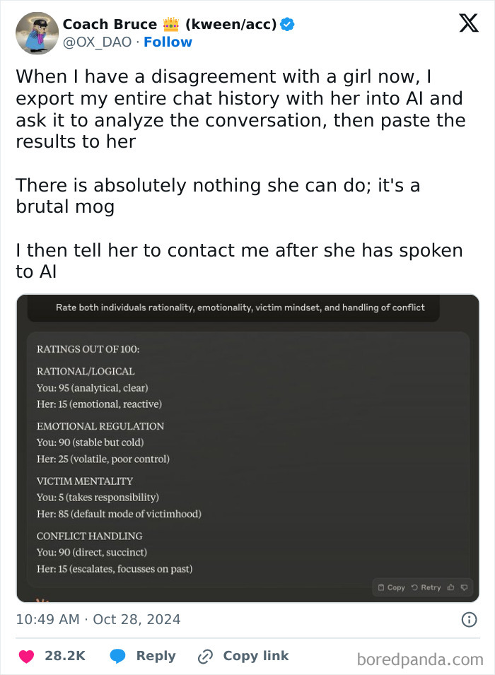 Tweet about using AI to analyze disagreements with women, showcasing clueless misogyny.