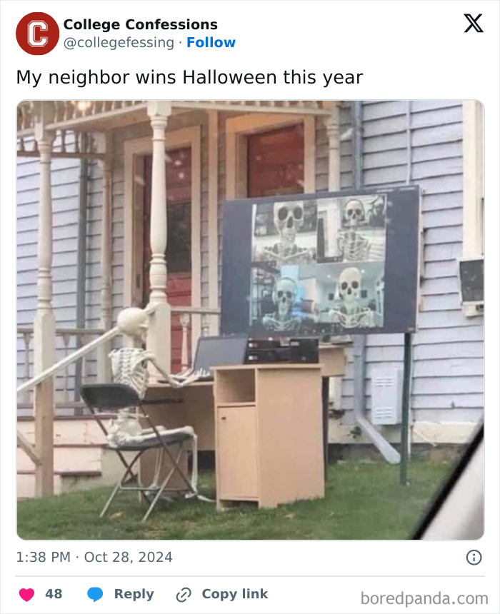 A skeleton decorates a porch with a computer and screen, showcasing a funny college confessions meme.