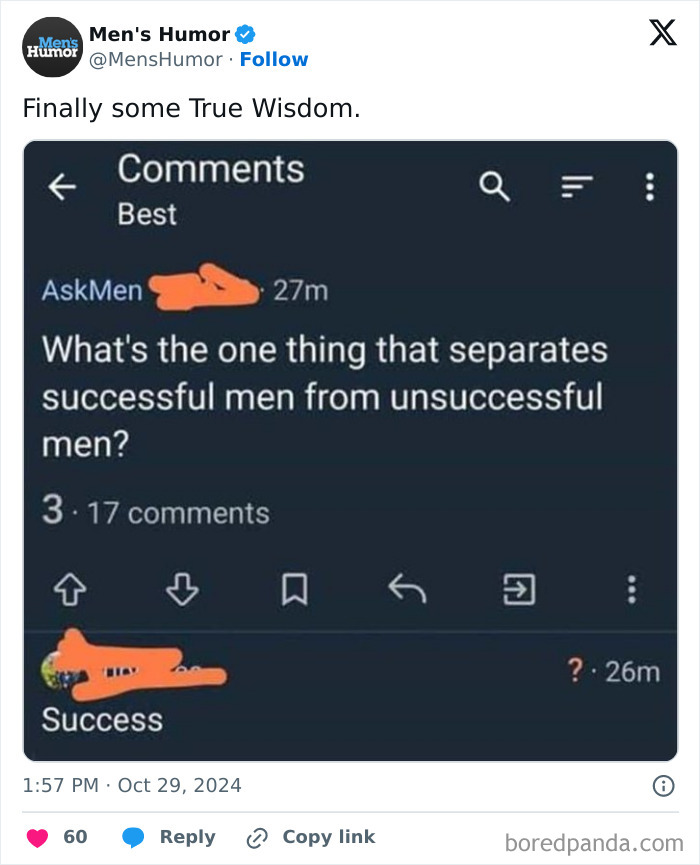 Text exchange highlighting a humorous take on the secret to men's success, shared by Men's Humor.