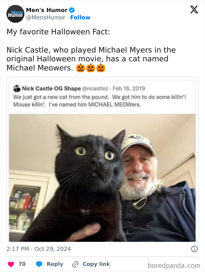 Man with a black cat named Michael Meowers, humorous meme from Men's Humor about Halloween movie actor Nick Castle.