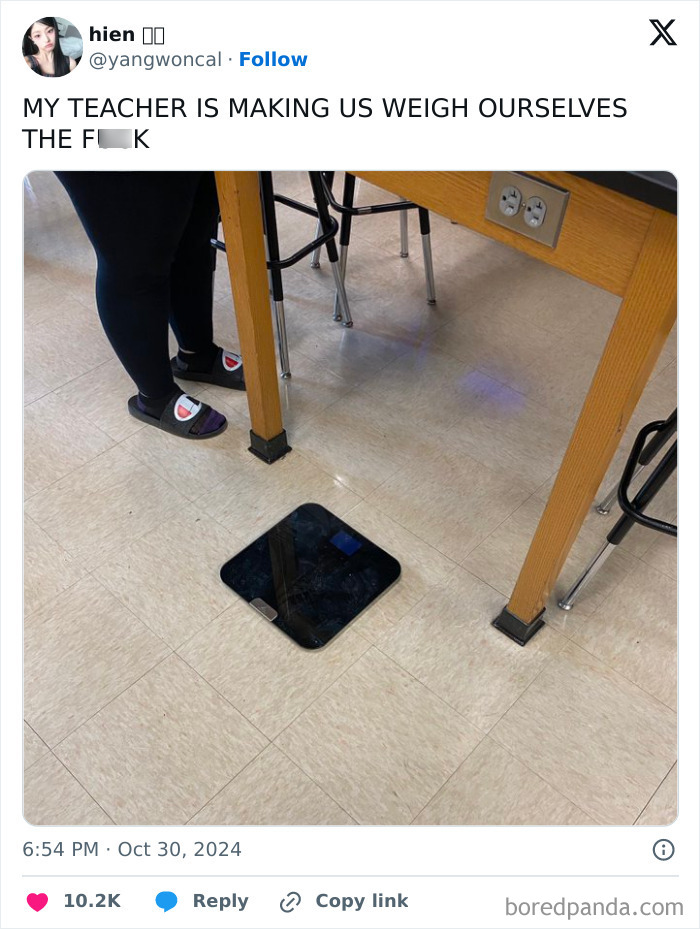 Student standing by a scale in a classroom, highlighting bad, infuriating teachers.