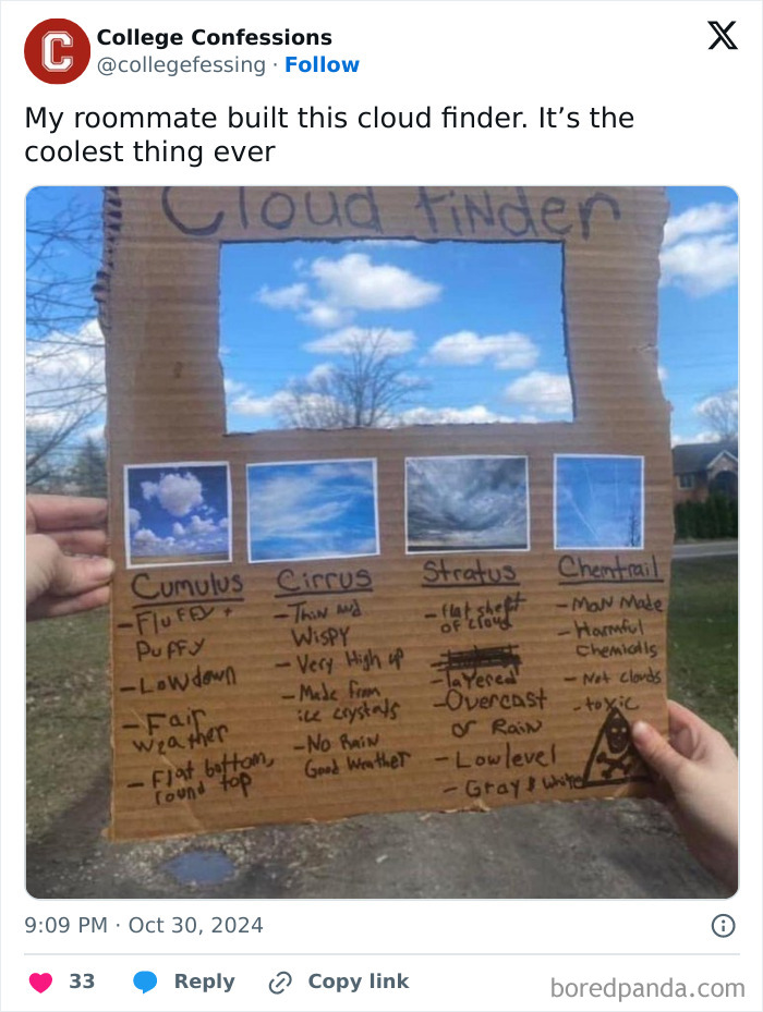 Cardboard cloud finder with classifications and descriptions, part of funny college memes series.