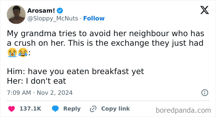 Tweet humorously celebrates Black culture with grandma's witty interaction about breakfast.