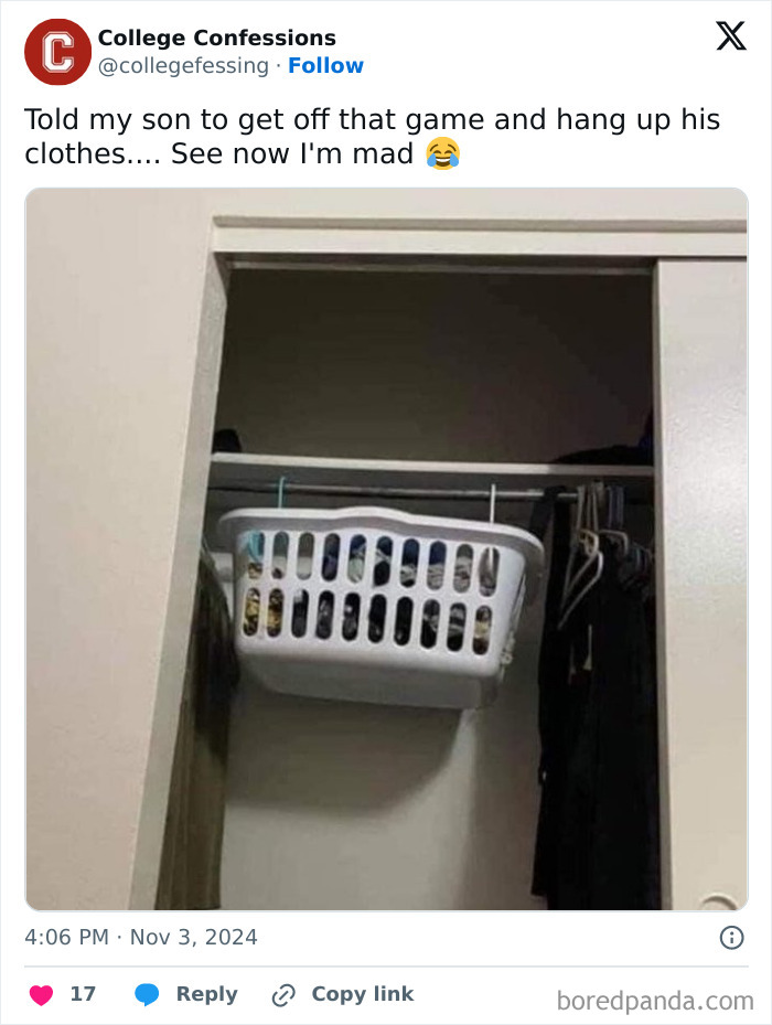 Laundry basket humorously hung in a closet, part of the funniest memes by College Confessions on Instagram.