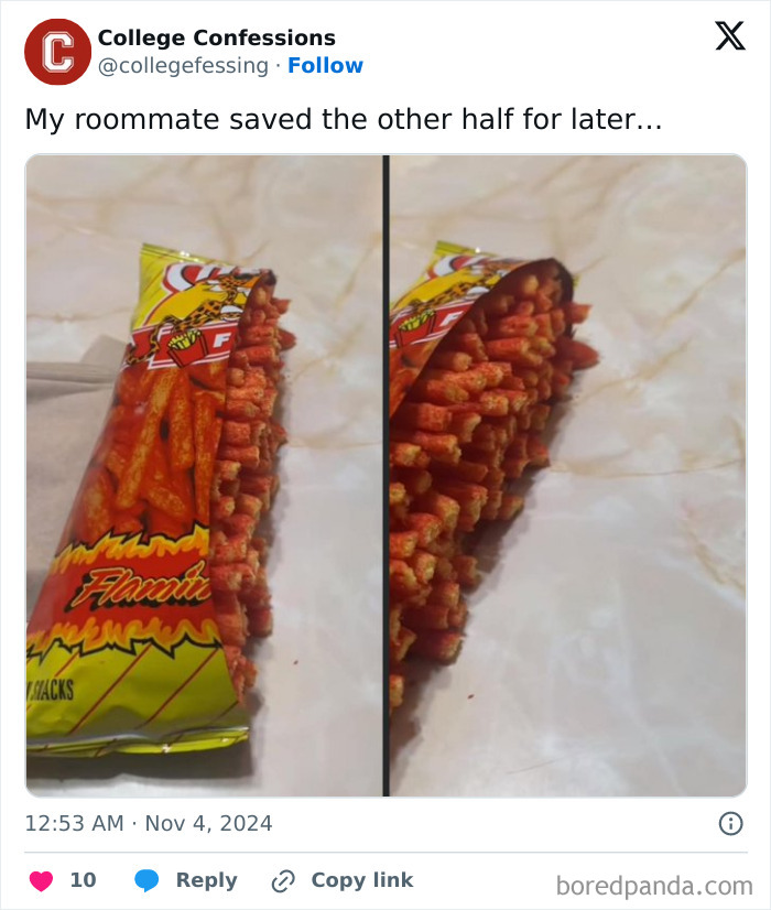 Split bag of Flamin' Hot snacks humorously saved, shared by College Confessions on Instagram.