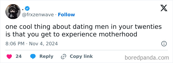 Social media post humorously addressing gender roles and social justice, with 24 likes and engagement options.