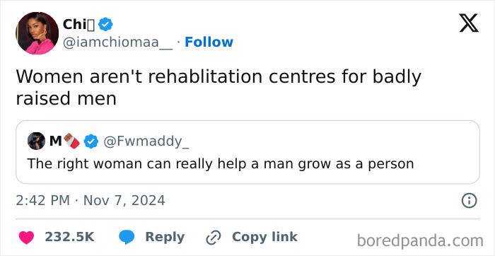 Tweet responses highlighting misogynist comments being shut down with a counter-argument.