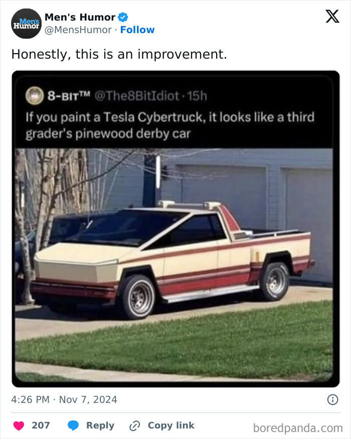 Funny men's humor meme comparing a painted Tesla Cybertruck to a pinewood derby car.