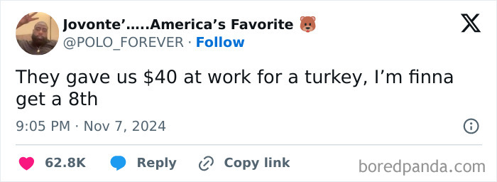 Tweet humorously commenting on Black culture spending choices with $40 received at work.